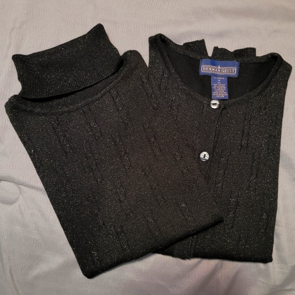 Herman Geist Turtle Neck Tank & Sweater Set/ Twin Set - Black Metallic,  Sz M